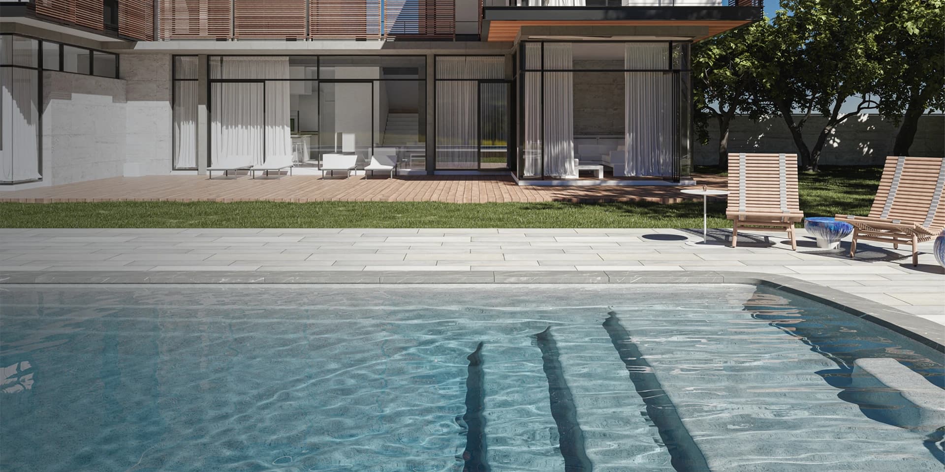 Piscina Fiber junto a una casa contemporánea